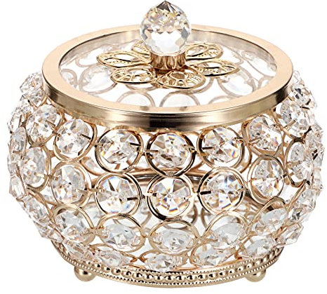 Hipiwe Joyero de cristal con tapa para aretes, anillos, joyas (grande, dorado)