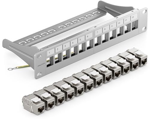 deleyCON Kit de 12 Ports Panneau de Brassage Modulaire 1 U 10 Installation en Rack + 12x Modules Keystone RJ45 CAT6a Compatible avec Câble Réseau LAN CAT5 CAT6 CAT7 Câble D'installation Gris