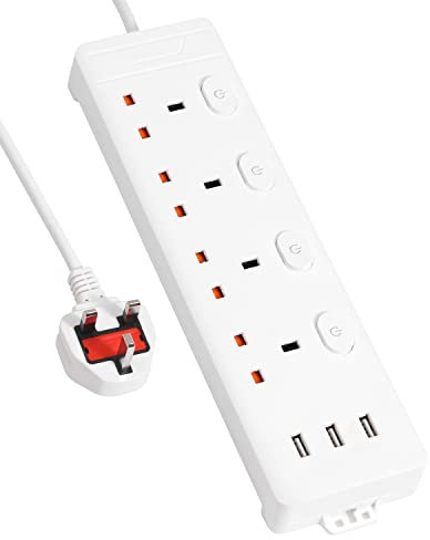 Pixezo Extension Lead with USB Slots | Surge Protected with 4 AC Outlets and 3 USB Ports (2.4A/12W) | Wall Mountable 3M Long