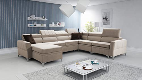 All4All Ecksofa mit Schlaffunktion Bari VII 328 x 272 cm - Eckcouch mit Bettkasten - Wohnlandschaft in U-Form - XXL Sofa Groß - Schlafsofa - Beige - Seite Links - Modern - Velvetstoff 26