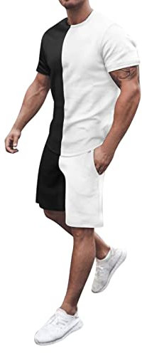 QWUVEDS Männlich Sommer Splice Set Rundhals Kurzarm Kordelzug Shorts Zweiteilige Anzüge Anzug Jungen