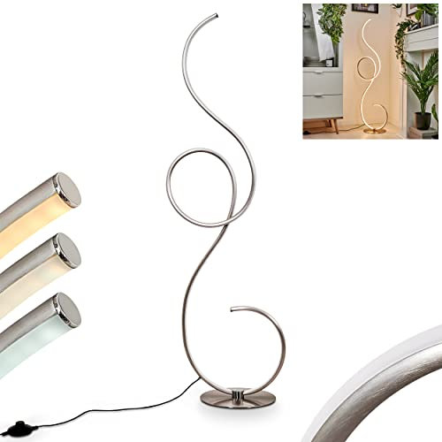LED Stehleuchte Olok, moderne Bodenlampe aus Metall/Kunststoff in Nickel-matt/Weiß, dimmbare Stehlampe mit Fußschalter, Höhe 122 cm, 23 Watt, max. 2700 Lumen, 2700 + 4000 + 6000 Kelvin (änderbar)