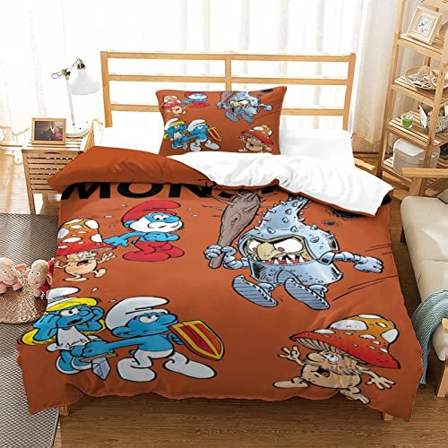 CIFEAR Smurfs Bettbezug Bettwäsche Set Bettbezüge 3D-Druck Animation Motiv Bettbezug,Mikrofaser,mit Kissenbezug,für Jugendliche Kind Junge Mädchen Single(135x200cm)