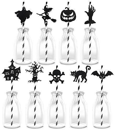 Bekecidi 9 Pack Halloween Paper Straws Cocktails Decorative Straws Halloween Decal Striped Paper Straws Include Pumpkin Haunted House Ghost for Halloween Party Supplies Decoration