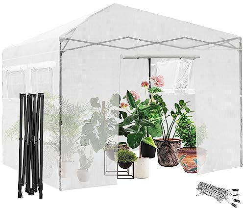 GiantexUK Walk In Greenhouse, Height Adjustable Pop-up Growhouse with PE Cover, Roll up Windows & Zipper Door, Steel Frame Portable Plant House for Garden Backyard (300x300x255-275cm,4 Windows, White)