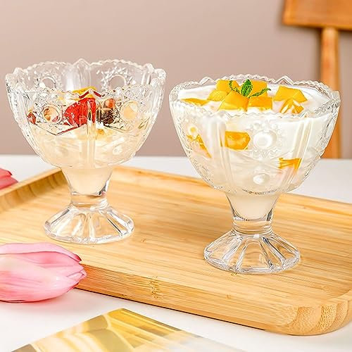Ice Cream Glass Bowls Set of 2, Dessert Bowls, 12.5 Oz Vintage Diamond Glass with Footed Sundae Snack Cups for Farmhouse Holiday Party