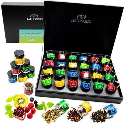 Hallingers Tee Deluxe Selektion 24 - No. 2-24 Sorten Tee Geschenkset, vegan & glutenfrei in Schraubgläsern (Set) - Geschenk im Sommer & als perfektes Grillgeschenk | Geburtstag Glückwunsch Genesung
