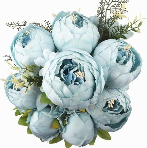 JOYHAZE 1 Pack Artificial Peony Bouquet, 19'' Silk Big Peonies Faux Flowers with Buds for Wedding Home Party Office Decor, Table Centerpieces, DIY Floral Arrangements, Spring Blue