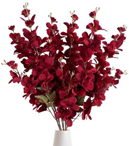INSUNSIX 6PCS Red Delphinium Artificial Flower Lifelike Faux Larkspur Silk Flowers Plant 35.43'' Long Stem Blossoms Flowers for Tall Vase Floral Arrangements Home Table Wedding Decor(Red)