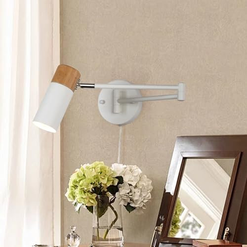 SUNLLOK Modern White Swing Arm Wall Sconce with Plug in Cord - Industrial Adjustable Hanging Wall Light Fixture - Indoor Metal Rustic Reading Wall Lamp Decoration for Living Room Kids Bedroom