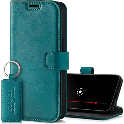 SURAZO Handyhülle für Samsung Galaxy S24 Plus Hülle Leder – Klappbare Echtleder Schutzhülle [Magnet, Kartenfach, RFID Schutz, Standfunktion] Flip Klapphülle Wallet Case Cover Lederhülle (Türkis)