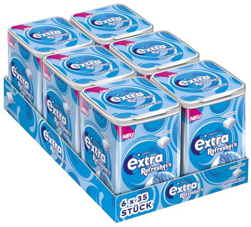 Extra Refreshers Kaugummi zuckerfrei, Peppermint Gum, 6 x 35 Dragees, Großpackung Chewing Gum, Xylitol Kaugummi ohne Zucker mit Minz Frische (210 Dragees)