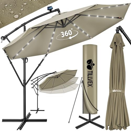 tillvex 350 cm Sombrilla Excentrico con 32 Luces LED Solar | Parasol para Terraza Jardín Balcón Patio | con Manivela y Base en Cruz, Giratorio 360º, Protección UV