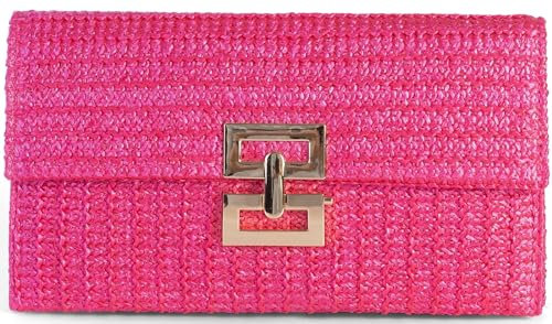 Straw Clutch Purses Women Summer Beach Handbags Boho Woven Envelope Wallet Fold Over Chain Crossbody Shoulder Bag Evening Bag, Rose, Clutch-handbags