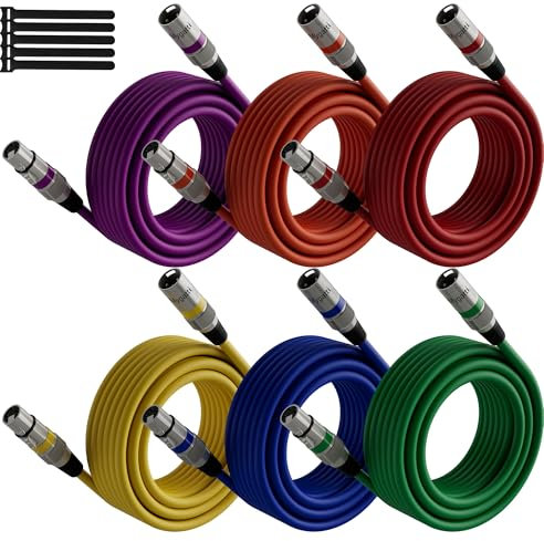 Cavo per microfono XLR Bilanciato 5M(6 Pezzi,multicolore),da maschio a femmina,schermatura a 3 pin,cavo patch DMX,con soppressione EMI e RFI,compatibile con amplificatore,altoparlante+5 fascette