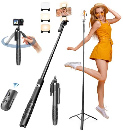 Giecy Perche a Selfie Trepied Smartphone,153cm Selfie Stick avec Télécommande et Lumières LED,Support de Téléphone Extensible en Aluminium Pivotant à 360°,Compatible avec iPhone, Samsung
