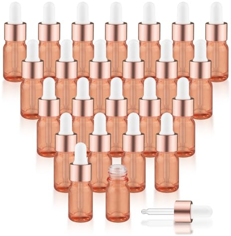 Mirrline 24 Pcs Pink Glass Dropper Bottles Essential Oils Dropper Bottles with Rose Gold Caps & 3 Plastic Droppers & 1 Funnel for Cosmetic Liquid - 5ml
