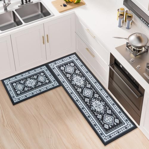 BWBIKE Juegos de Alfombras de Cocina Alfombras de Cocina Antideslizantes de 2 Piezas Alfombras de Corredor Lavables Alfombra de Piso de Cocina Gruesa Alfombra de Corredor,Negro,43 x 75 + 43 x 150 CM
