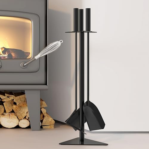 Kingson Kaminbesteck-Set mit Schaufel, Schürhaken und Bürste, 58 cm hoch, ideal für Holzofen und Kaminzubehör, Schwarz, 4-teilig