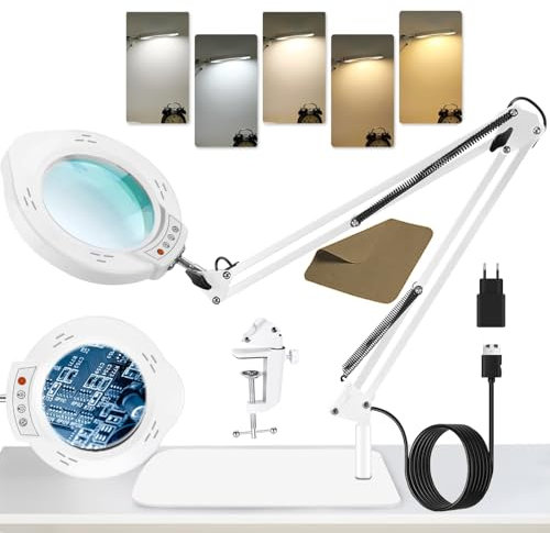 Kevsuvqin 10X Lupe mit Licht und Ständer, Lupenleuchte mit Verbesserte extra große Basis & Verlängerter Ständer, 5 Farbmodi, 10 Helligkeitsstufen, Lupenlampe mit Licht zum Reparieren, Basteln & Lesen