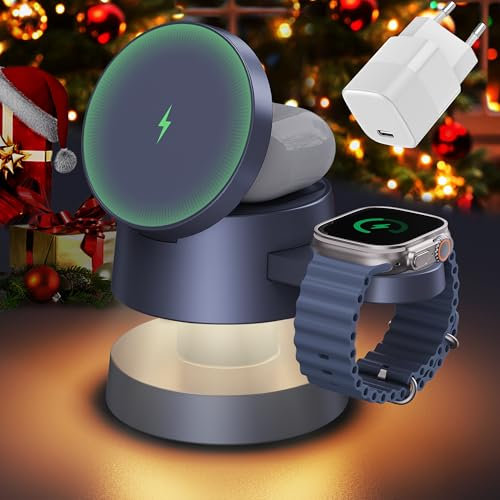 iVANKY für iPhone 16 Pro Max 4 in 1 Ladestation mit Nachtlamp für Magsafe Wireless Charger, 22.5 W Induktive Kabellose Ladegerät 3 in 1 Schnellladung, Apple iWatch Ultra, AirPods (Mit 30W-Netzteil)