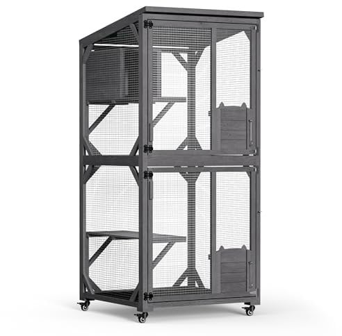Wiltec Freilaufgehege Katzen 74 x 78 x 180 cm, Katzenfreigehege Tannenholz, Außengehege mehrere Ebenen und Rollen, Katzengehege für Garten, Balkon
