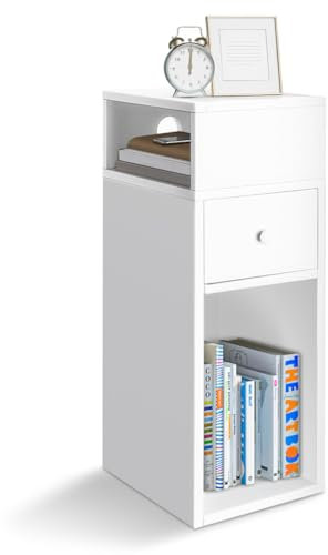 VOUNOT® Nachttisch, Schmal, Beistelltisch mit 2 offenem Fach & 1 Schublade, Modern Nachtschrank, Nachtkästchen für Schlafzimmer, Wohnzimmer, 25x30x66cm Weiß