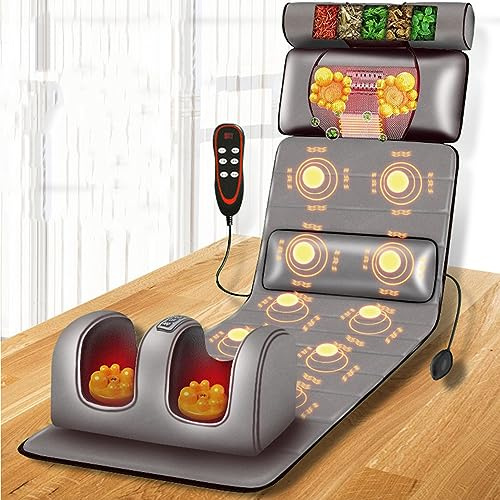 Mat de massage complet du corps avec chaleur, 10 nœuds vibrants, oreillers réglables, coussinets de chauffage - Détente musculaire du cou et du dos - pour une utilisation à la maison et au bureau