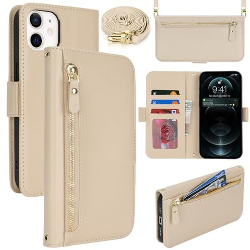Lipvina Coque en Cuir Premium pour iPhone 12/12 Pro - Étui Portefeuille avec Sangle Réglable, Porte-Cartes, Protection Complète et Design Élégant - Mi Blanc