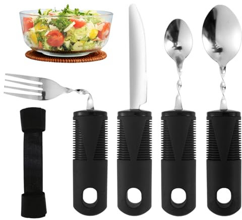 4 Stück Parkinson Besteck mit Fester Riemen Besteck für Parkinson mit Dickem Griff Stabilisieren Griffverdickung Besteck für Handzittern Arthritis Parkinson Patienten