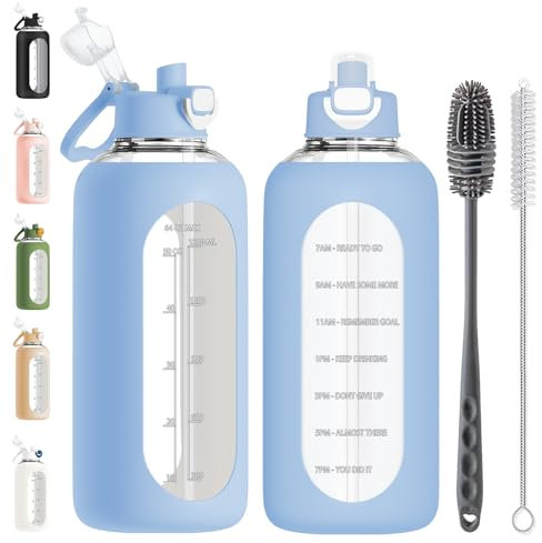 RNCKUUE Botella de cristal de 2 litros, botella de cristal de 2 litros, botella de agua con pajita, cepillo para botellas, color azul