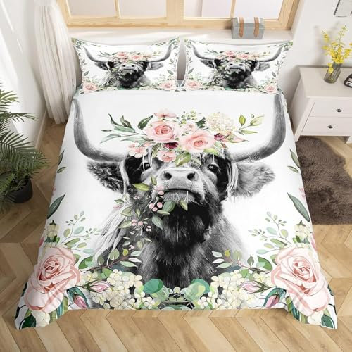 Loussiesd Single Highland cow flower Comforter Cover Set pink rose Bedding Set girl wild western animal theme Duvet Cover super soft decoration wild animal bull