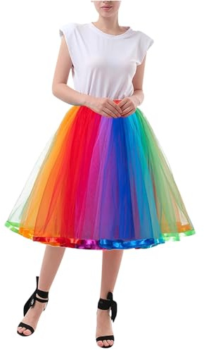 Generic Damen Tüllrock Regenbogen Kostüm - L, Einfarbig, Polyester, Pull On, Maschinenwäsche, Frühling/Sommer, Bodenlang, Hohe Taille, Karneval, Party, Festival