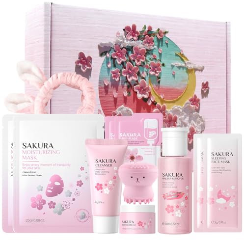 HASAIKA® Sakura Ensemble De Soins De La Peau, Coffrets Cadeau de Soins pour la Peau, Hydratant et nourrissant Comprend une brosse nettoyante et un bandeau pour les cheveux, 11 pièces