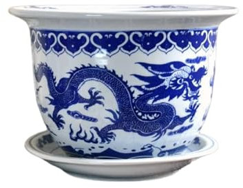 SBCGFY Ceramic Flower Pots Blue and White Porcelain Chlorophytum Green Plant Pot Hand Drawn Chinese Dragon Indoor/Outdoor Flower Pot Antique Home Decoration Ornaments (17CM)