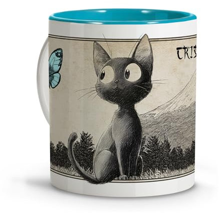 Taza personalizada con nombre. Taza con Dibujo de Gato Estilo Anime. Tazas Originales para Regalar. Regalos para Amantes de los Gatos. Tazas Bonitas. Taza cerámica 330 ml. Taza con Gato Dentro Azul