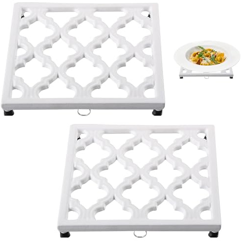JOGREFUL Cast Iron Trivets, Kitchen Pot Heat Resistant Mats White, 2 Pack | Weighted-Base Pot Holders to Portect Table/Countertops, Vintage Mats for Teapot/Hot Dishers/Plates