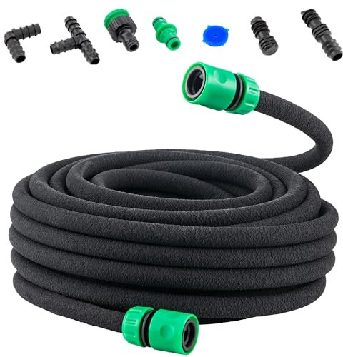 MOOWY Soaker Hose 25m with 11 Connector Pieces - 1/2 Permeable Rubber Drip Hose Pipe for Garden Irrigation - Leaky Pipe for Efficient Plant Watering on Lawn Borders, Patios, Hedges and Flower Beds