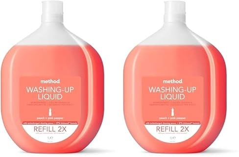 Method Washing Up Liquid Refill, Washing Up Soap, Tough on Grease and Grime, Fresh Peach & Pink Pepper Scent 1 x 1L (Pack of 2)