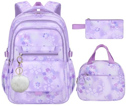 NIWEIYA Sacs à dos pour filles mignon sac d'école pour filles sacs à livres multi-poches pour enfants pour école primaire et collège, 3 fleurs violettes, 18.11H x 12.6L x 8.66W, Personnalisé