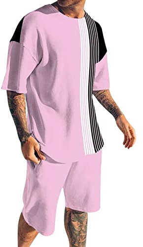 Generisch 2025 Survêtement court pour homme - T-shirt et short - Tenue d'été - 2 pièces - Confortable et respirant - Survêtement de loisirs pour homme, Rose, XL