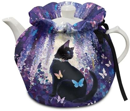 Poceacles Teapot Dust Cover Tea Cosy for Teapots Decorative Tea Kettle Cover with Insulation Pad Keep Breakfast Warm for Kitchen Home Table Top, Black Cat Butterfly Violet Floral