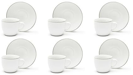 Excelsa Platinum Lot de 6 tasses à café avec soucoupe, porcelaine blanche avec bord argenté