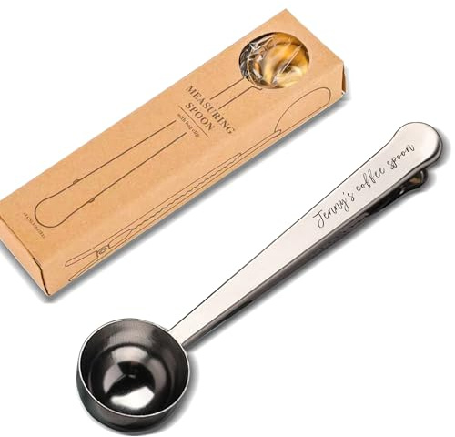 Personalisierter Kaffeedosierlöffel mit Gravur aus Edelstahl mit Clip | Kaffee Schaufel, Kaffeemaß, Teelöffel, Prämien Edelstahlschaufel mit integriertem Beutelklipp(17.5 cm)