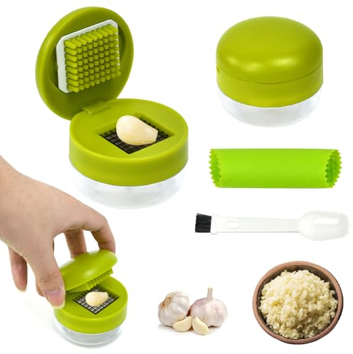 Byfoyif Kits Presse Ail Manuel, Écrase Ail Cuisine avec Outil Éplucheur en Silicone et Brosse 2 en 1, Hachoir à Ail Pressé avec Lame en Acier Inox, Coupe Ail Rapide Lavable, pour Cuisson Restaurant