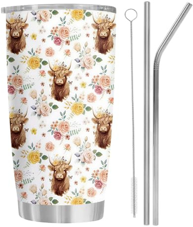 Highland Cow Gifts for Women, Travel Mug, Stainless Steel Insulated Highland Cow Hot Water Bottle, Leakproof Thermal Tumbler with Straw and Lid for Scottish Cattle Lovers, Birthday Christmas Gifts