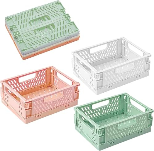 Klappbox Aufbewahrungskorb 3er Set 20 x 15 x 9 cm stapelbar und platzsparend für Büro Bad Küche und Wohnung in Rosa Weiß Grün