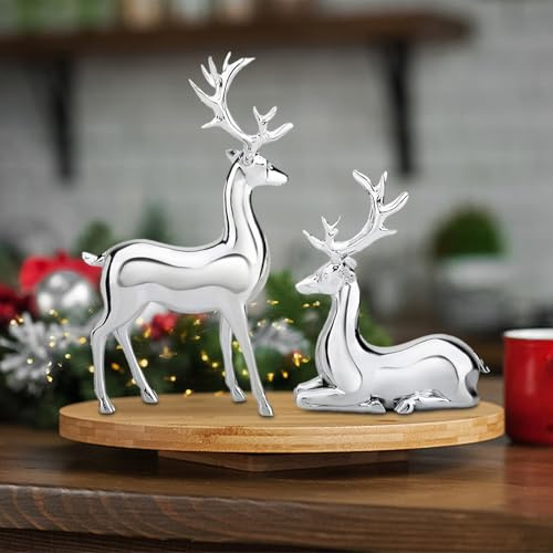 2 Stück Hirsch Deko Weihnachten, Deko Hirsch Silber Stehend, Silberne Hirschs Weihnachtsdekorationen, Weihnachts Rentier Ornamente, Silberne Rentierfiguren, Für Weihnachtstisch Bücherregaldekorationen