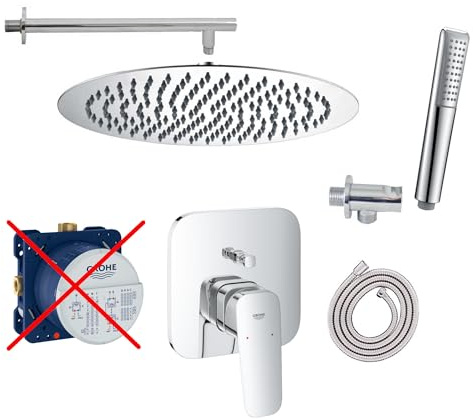 vanvilla Duschsystem Unterputz mit Duscharmatur Grohe poliert GE106-ob | Duscharmatur von Grohe Cubeo Einhebelmischer und vanvilla Regendusche Duschkopf rund, Dusch-SET poliert