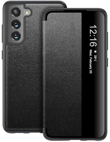 Handyhülle für Samsung Galaxy S21 FE Hülle S View Flip Case, Transluzente Flip Handy Tasche Case, Weich Silikon Bumper 360 Grad Kratzfest Stoßfest Schutzhülle für Samsung S21 FE Smartphone (Schwarz)
